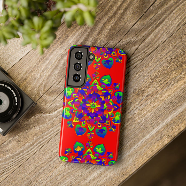 Hand drawn mandala art in red, intricate and detailed design phone case