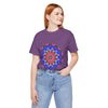 Colorful Mandala Geometric T-Shirt featuring vibrant and intricate circular patterns in various shades of blue, green, and purple, with a unique and eye-catching design perfect for adding a pop of color to your wardrobe