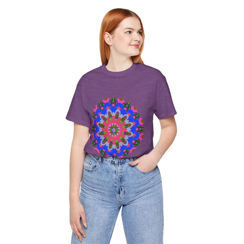 Colorful Mandala Geometric T-Shirt featuring vibrant and intricate circular patterns in various shades of blue, green, and purple, with a unique and eye-catching design perfect for adding a pop of color to your wardrobe