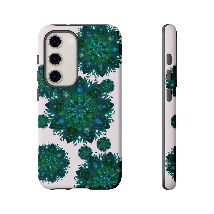 Beautiful light pink and green mandala phone case with a peaceful design