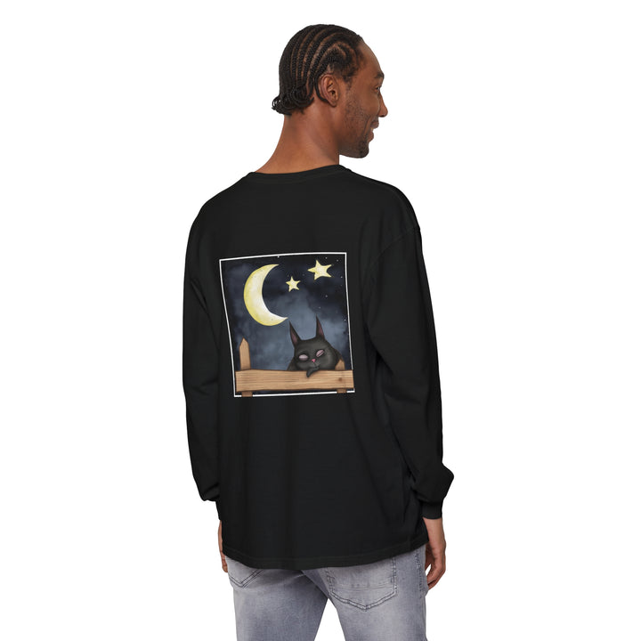 Sleepy Cat Night Sky T-Shirt: Adorable black kitty lounging under the starry night sky design