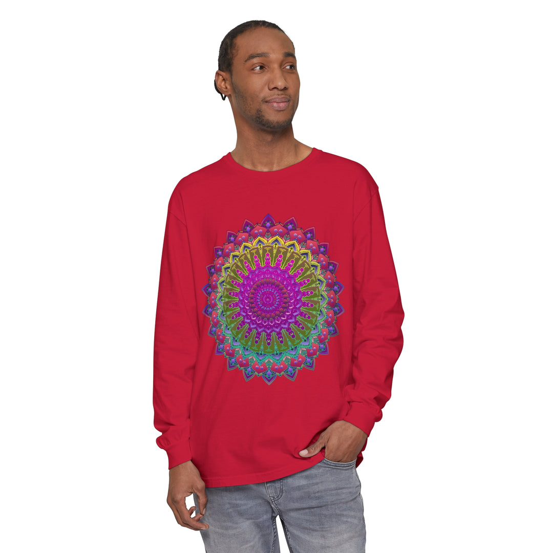 Person Standing Out in Vibrant Mandala Unisex Long Sleeve T-Shirt Ensemble