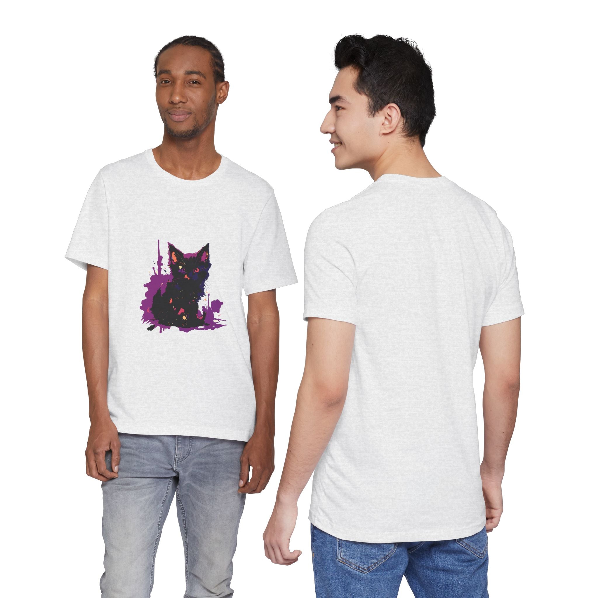 Schwarzes Katzenrätsel – Lila Farbspritzer-T-Shirt