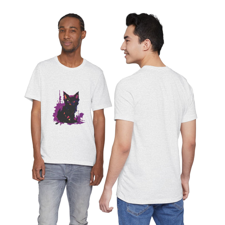 Schwarzes Katzenrätsel – Lila Farbspritzer-T-Shirt
