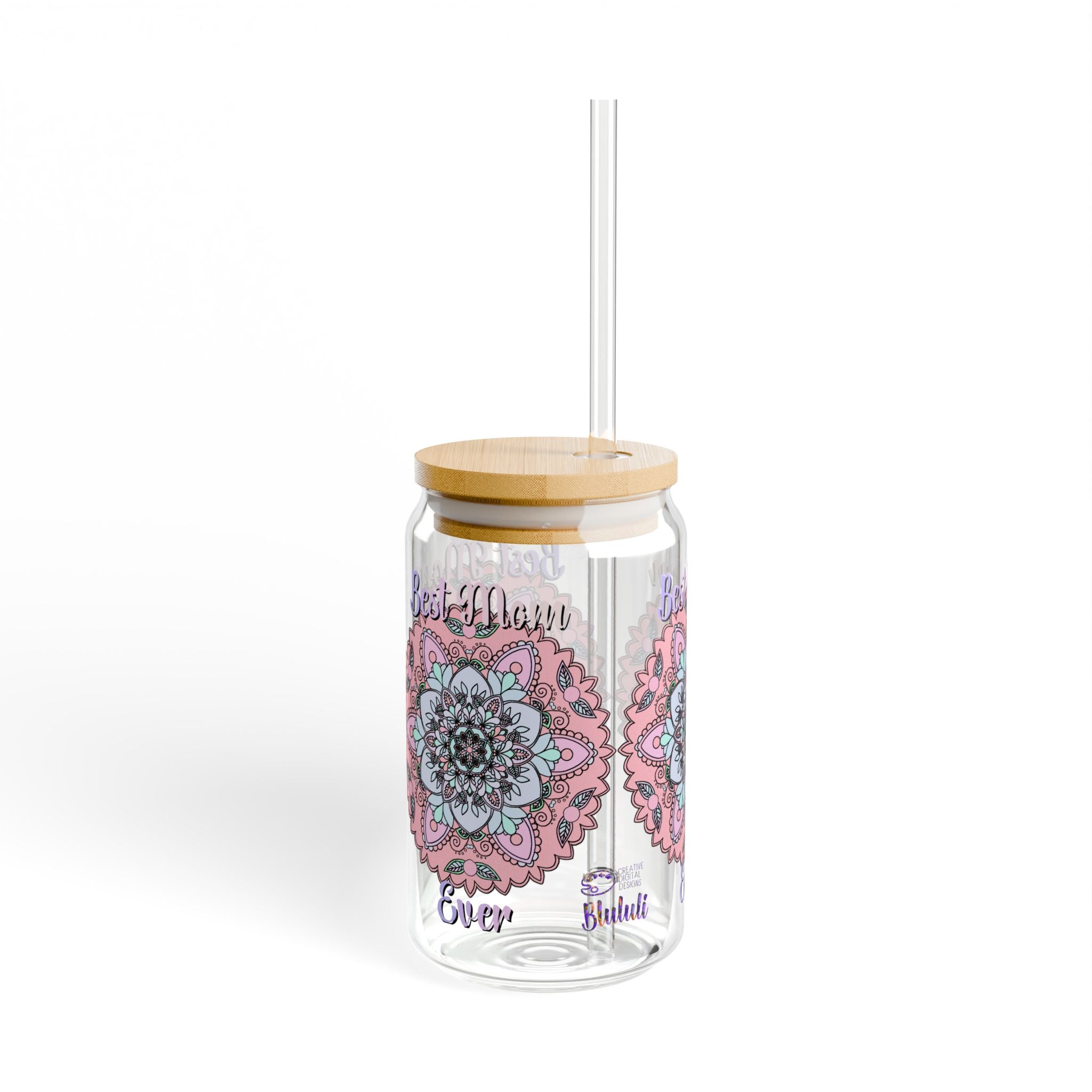 Mandala 'Best Mom Ever' 16oz Sipper Glass with Bamboo Lid