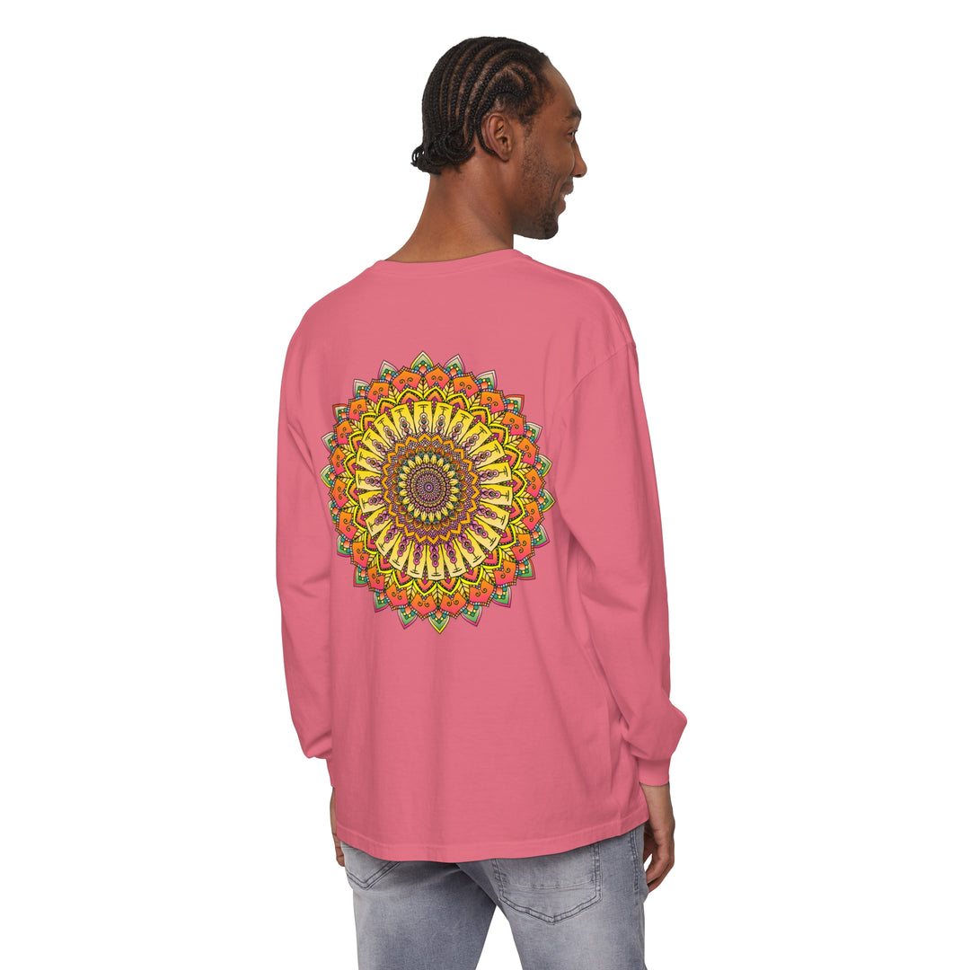 Intricately designed mandala pattern featured on a unisex long sleeve t-shirt