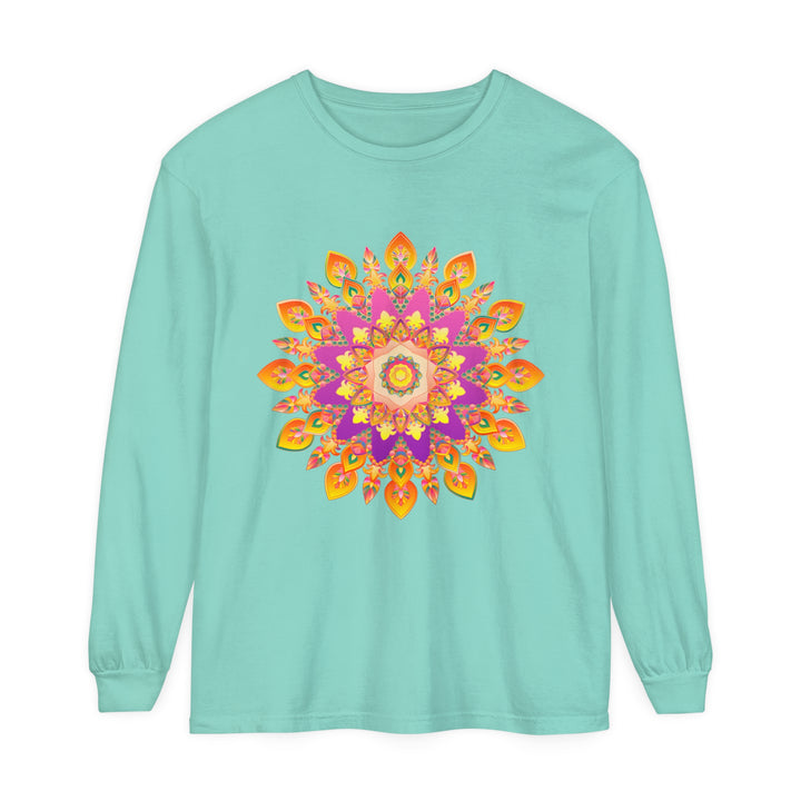 Colorful and intricate mandala design on a unisex long sleeve t-shirt