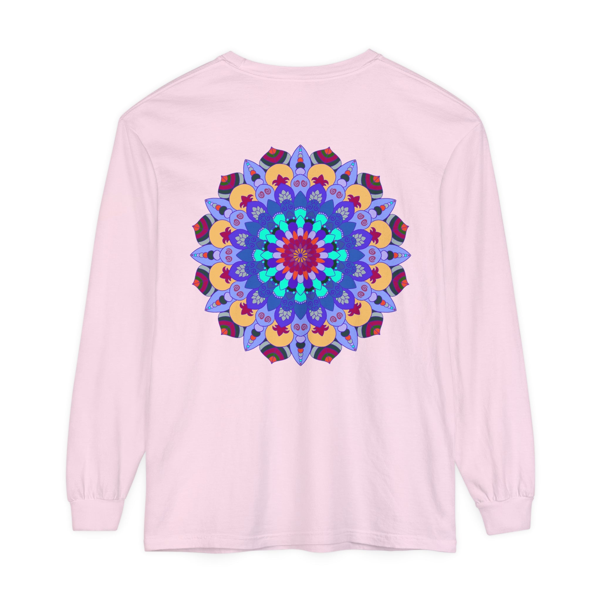 Colorful and intricate mandala design on a comfortable long sleeve t-shirt