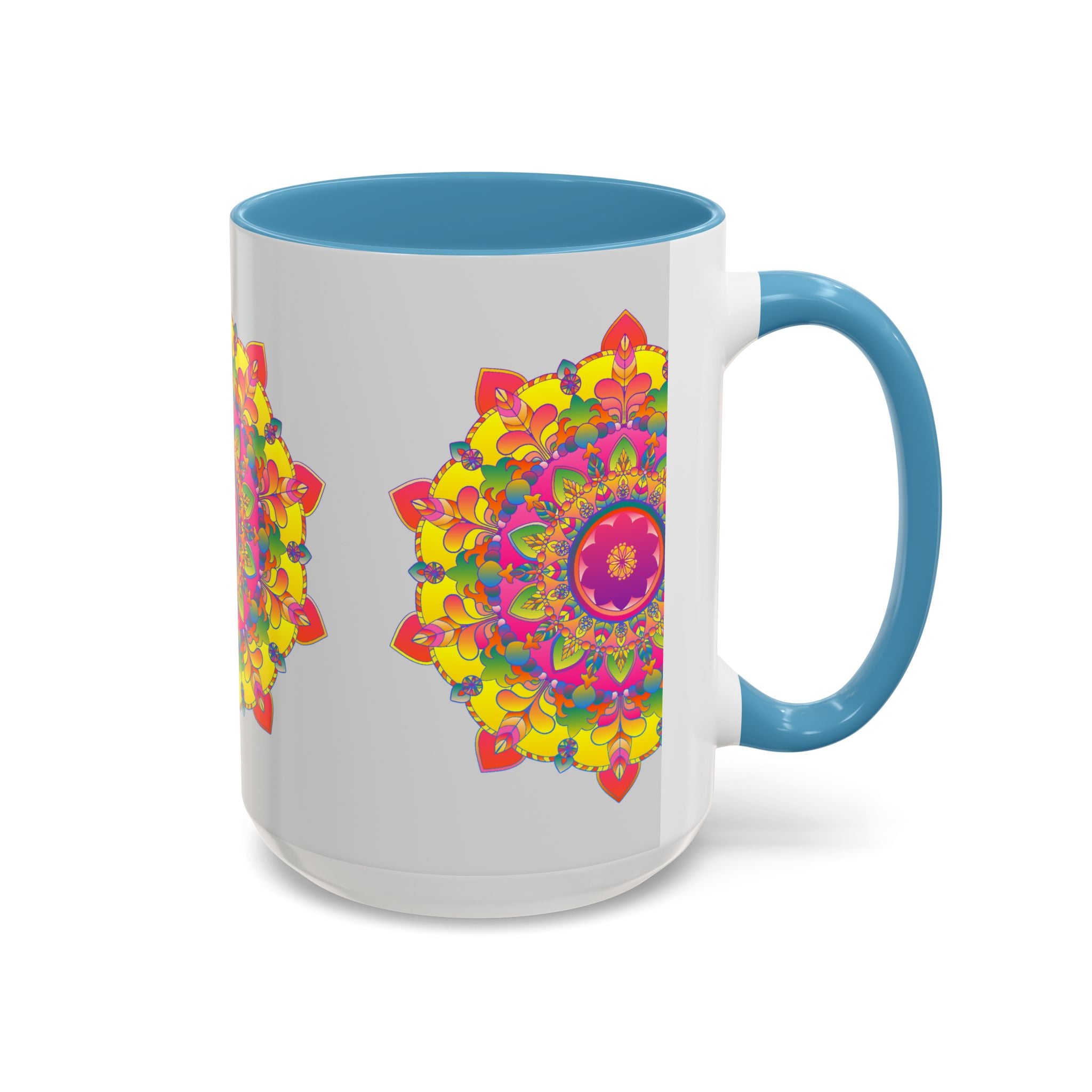 Stunning Mandala Mug - Vibrant Art on Grey featuring a colorful and detailed mandala pattern