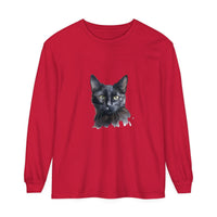 A long sleeve black cat watercolor design t-shirt, perfect for a mystical look