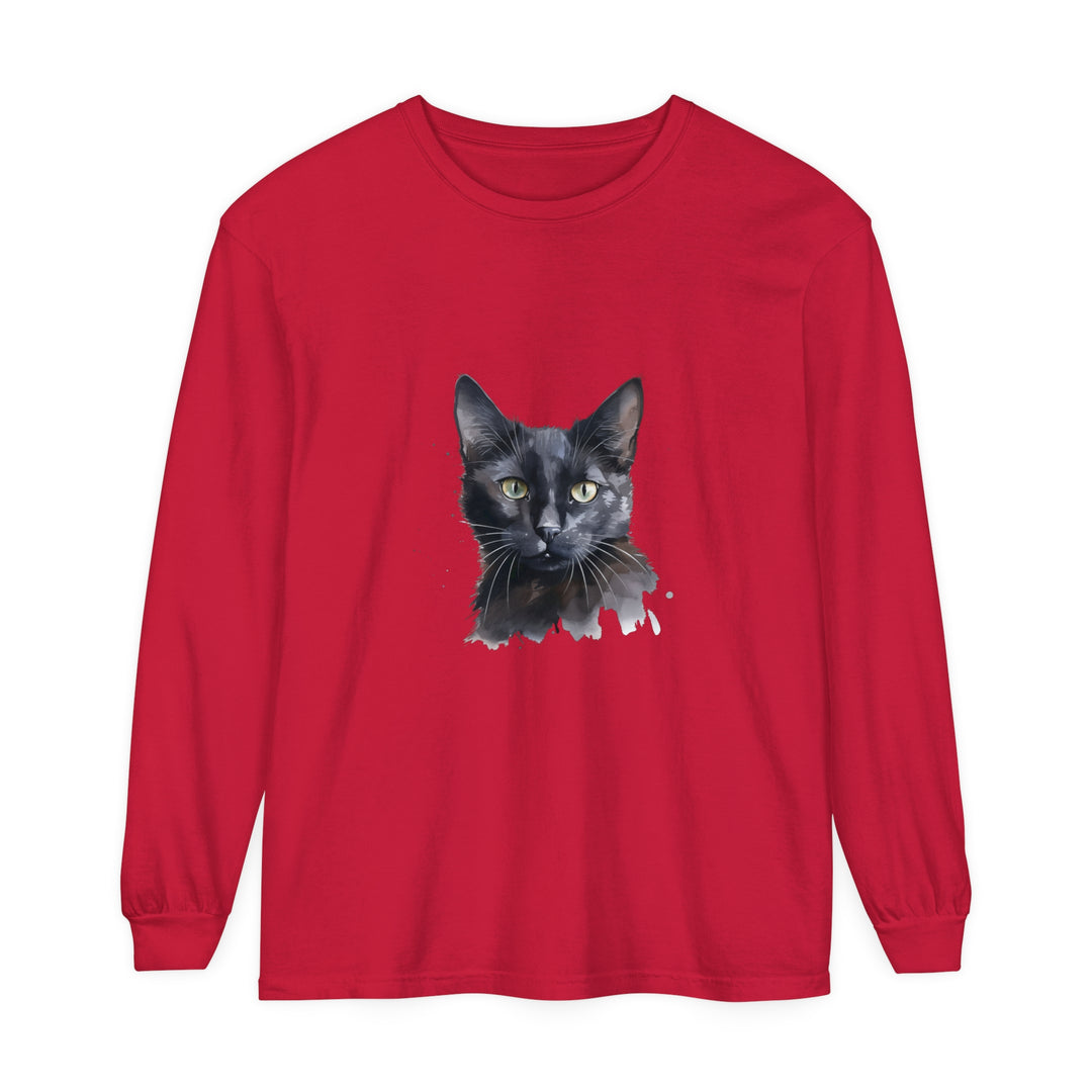 A long sleeve black cat watercolor design t-shirt, perfect for a mystical look