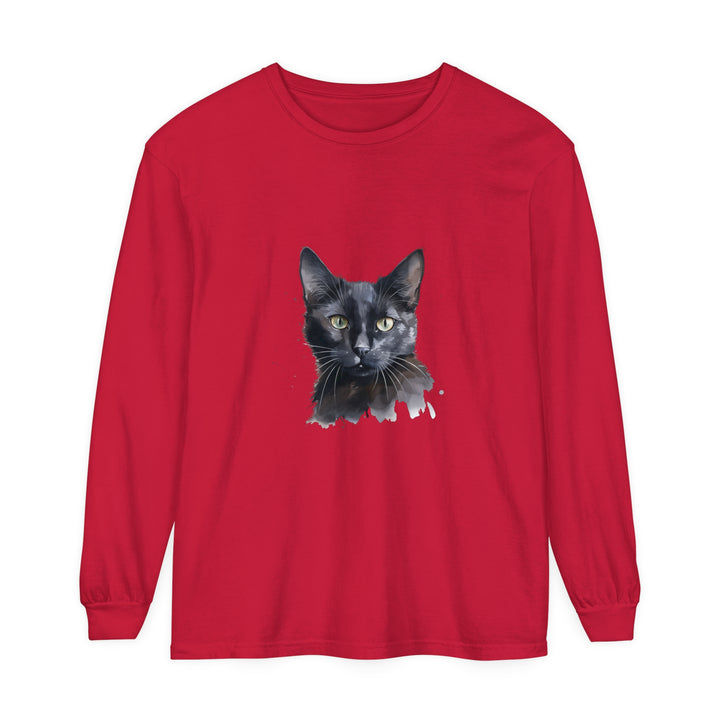 A long sleeve black cat watercolor design t-shirt, perfect for a mystical look