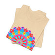 Vibrant and intricate mandala design on a t-shirt, featuring psychedelic art