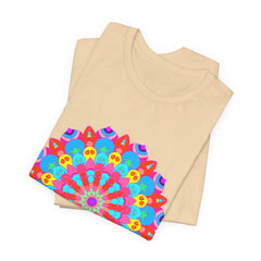 Vibrant and intricate mandala design on a t-shirt, featuring psychedelic art