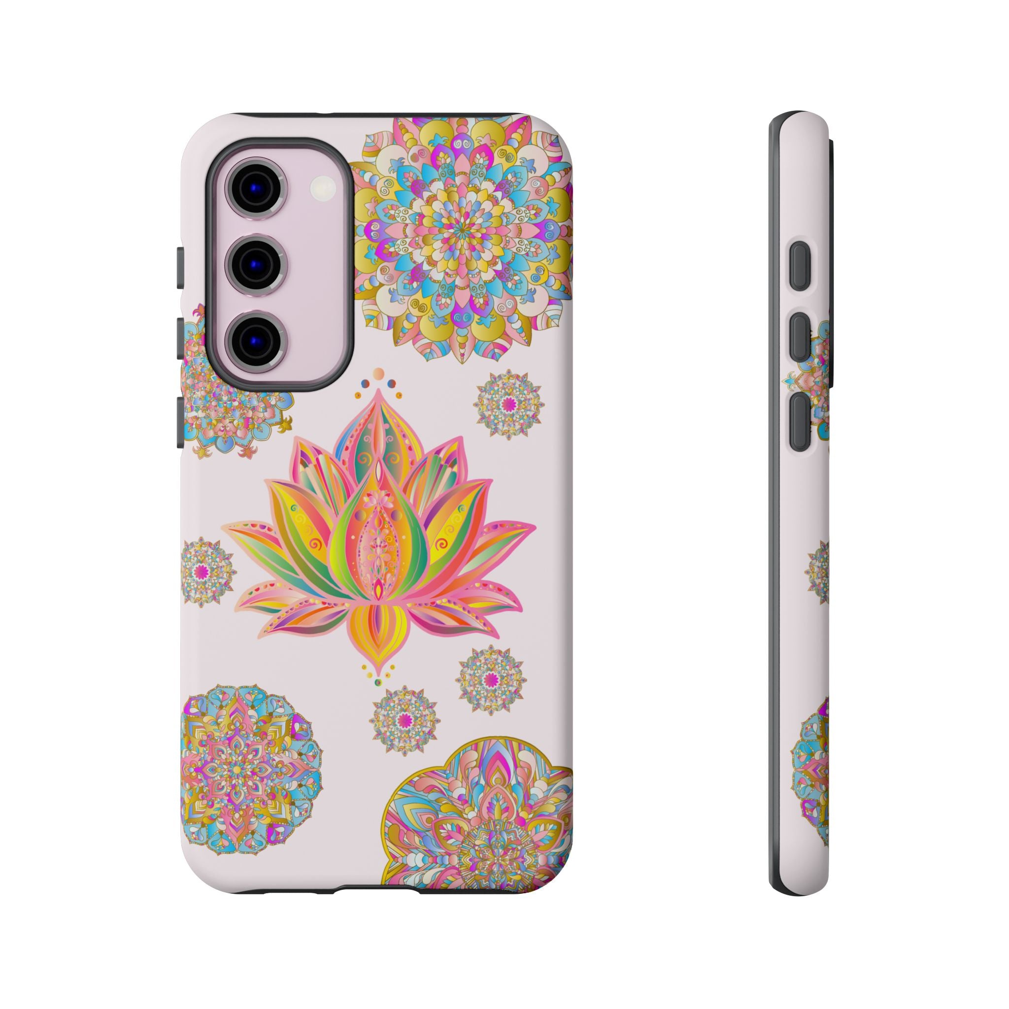 A light pink phone case with a beautiful mandala lotus flower design