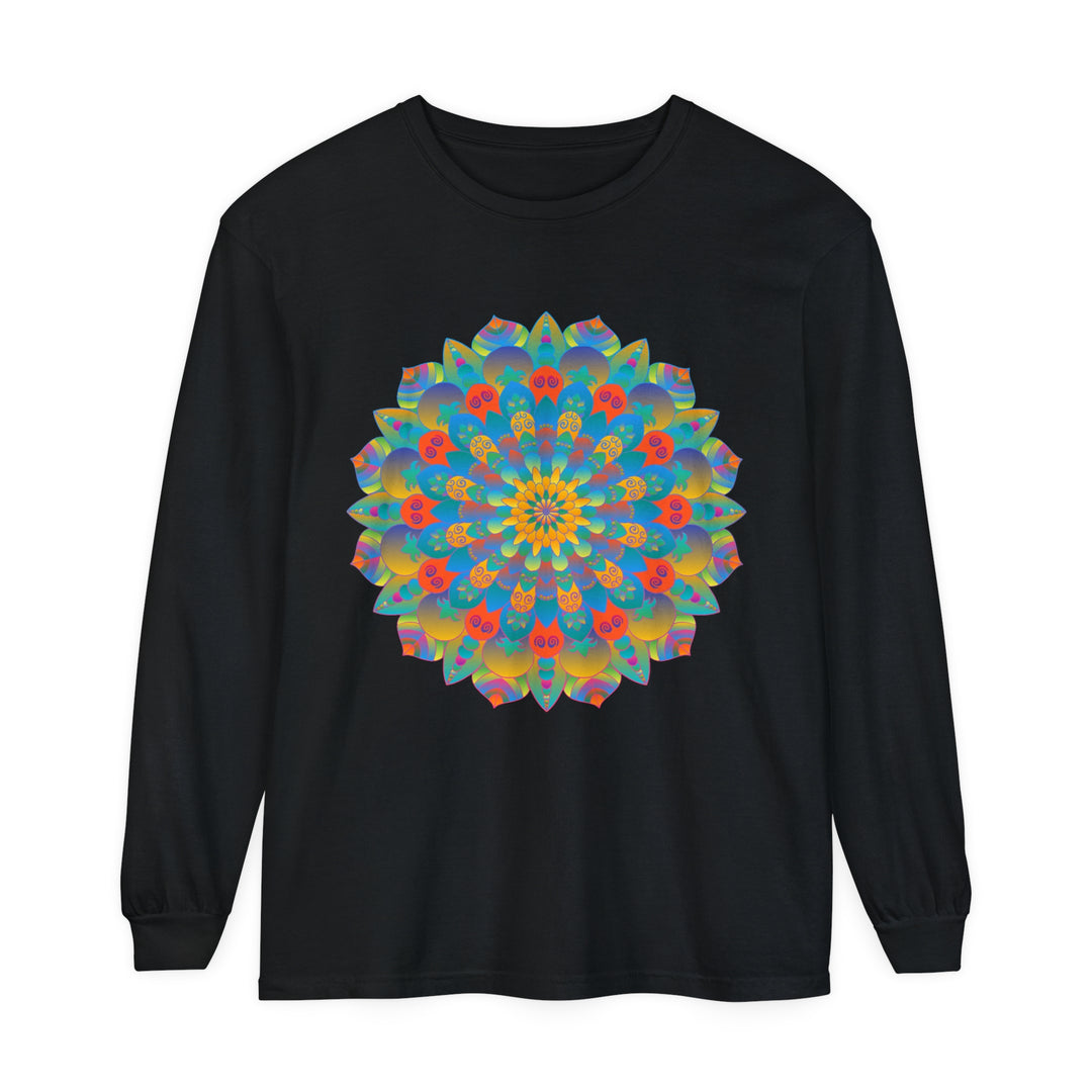 Colorful and intricately designed unisex long sleeve t-shirt with vibrant mandala pattern