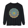 Colorful and intricately designed unisex long sleeve t-shirt with vibrant mandala pattern