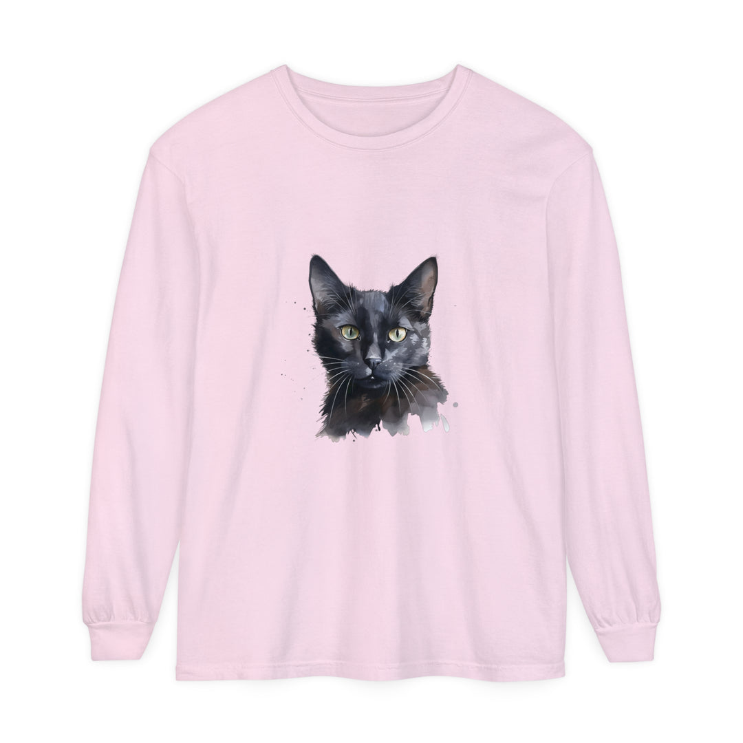 Black Cat Watercolor Mystical Long Sleeve T-Shirt featuring a beautiful, vibrant watercolor design of a mystical black cat on a high-quality long sleeve tee