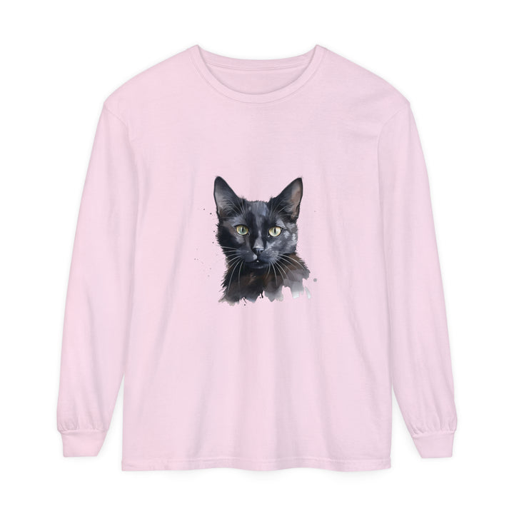 Black Cat Watercolor Mystical Long Sleeve T-Shirt featuring a beautiful, vibrant watercolor design of a mystical black cat on a high-quality long sleeve tee