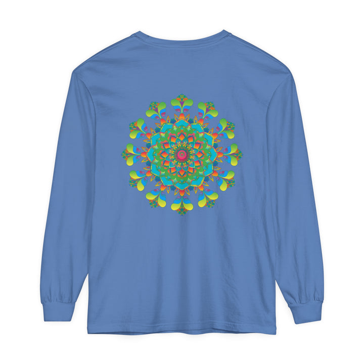 Vibrant and colorful tie-dye long sleeve t-shirt with intricate psychedelic mandala design