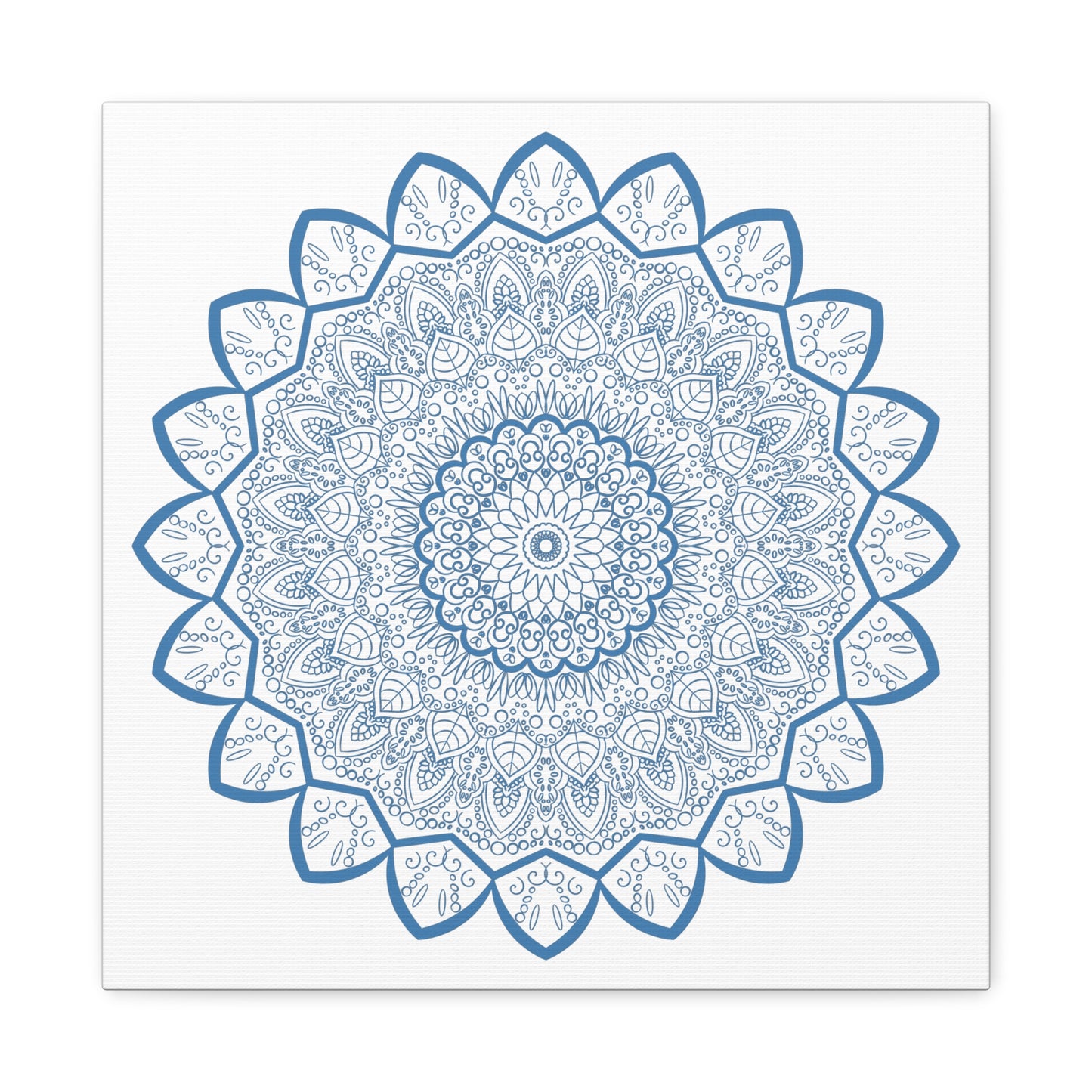 Handmade Mandala Art with intricate steel blue design on matte canvas