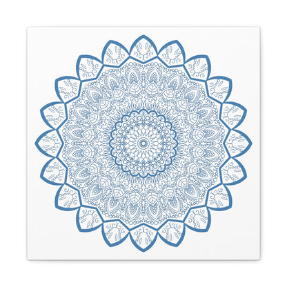 Handmade Mandala Art with intricate steel blue design on matte canvas