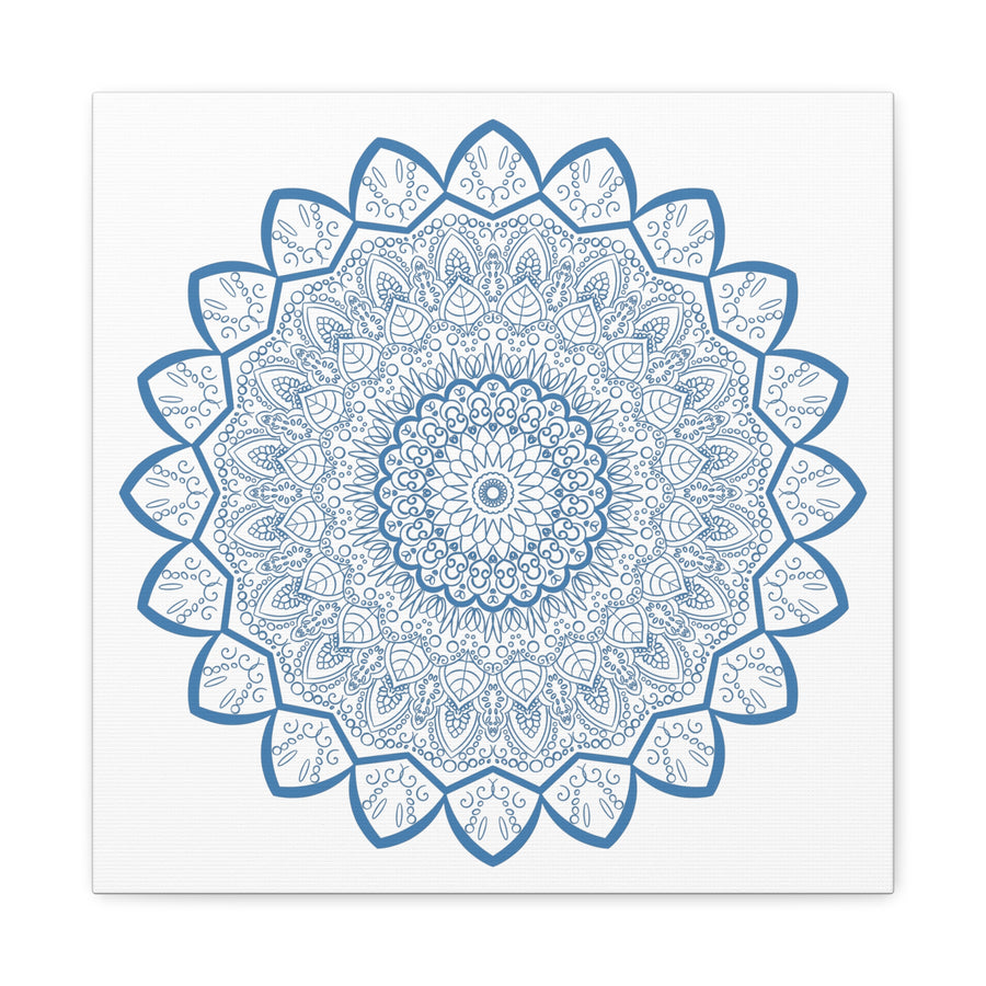 Handmade Mandala Art with intricate steel blue design on matte canvas