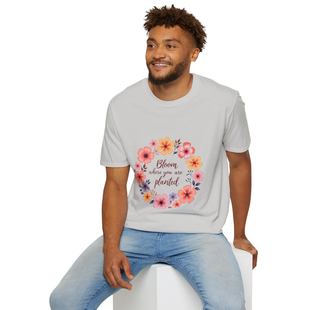 Women's white t-shirt with a floral mandala design and quote print