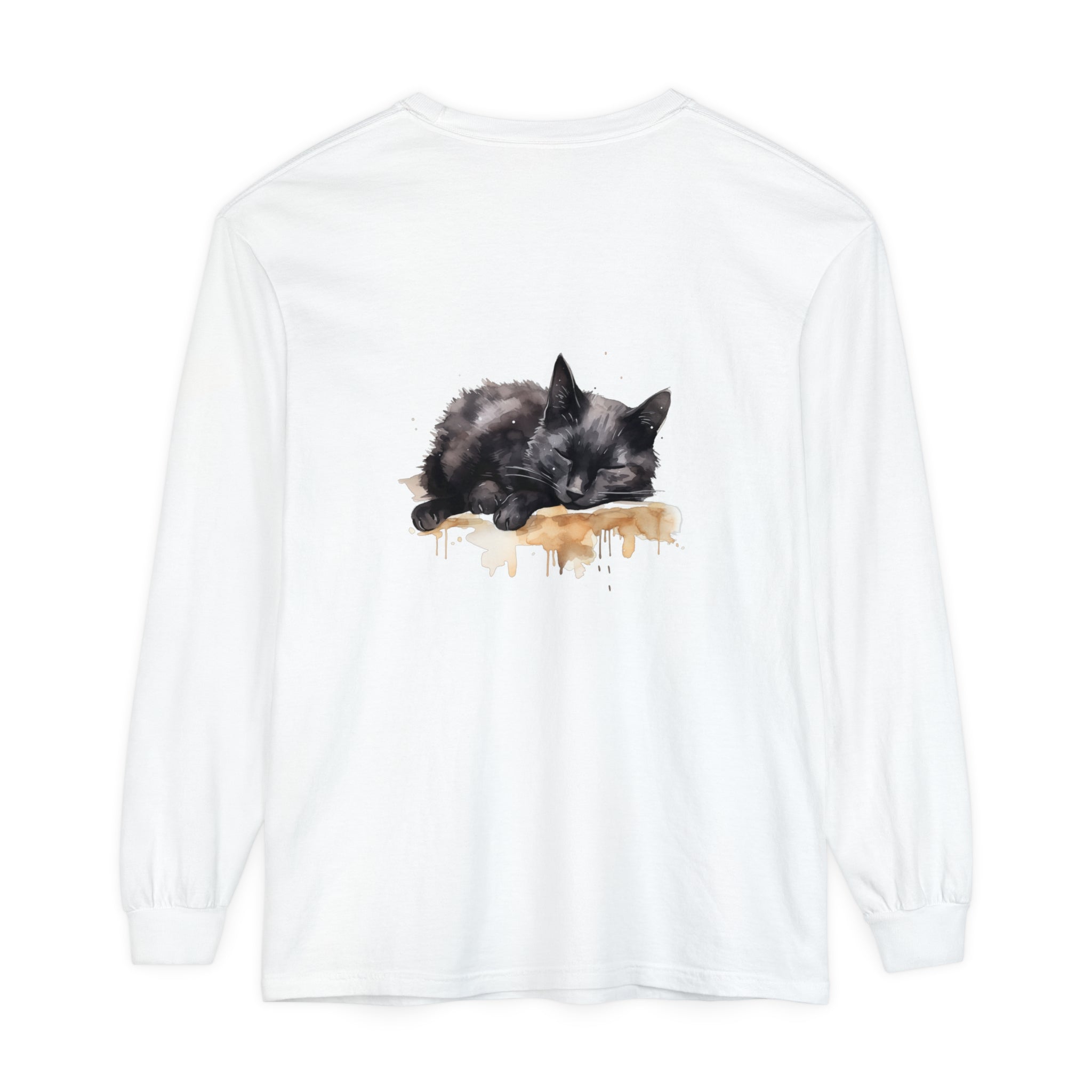 A detailed watercolor illustration of a black cat sleeping on a t-shirt