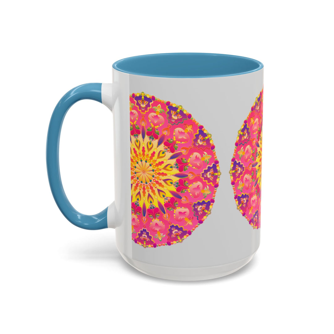 A vibrant mandala art mug featuring pink, yellow, and green colors