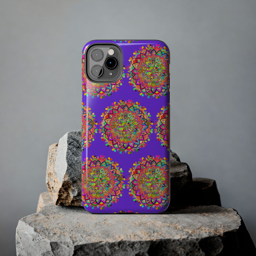 Hand drawn small purple mandala art phone case for iPhone X and XS, showcasing intricate details and vibrant colors