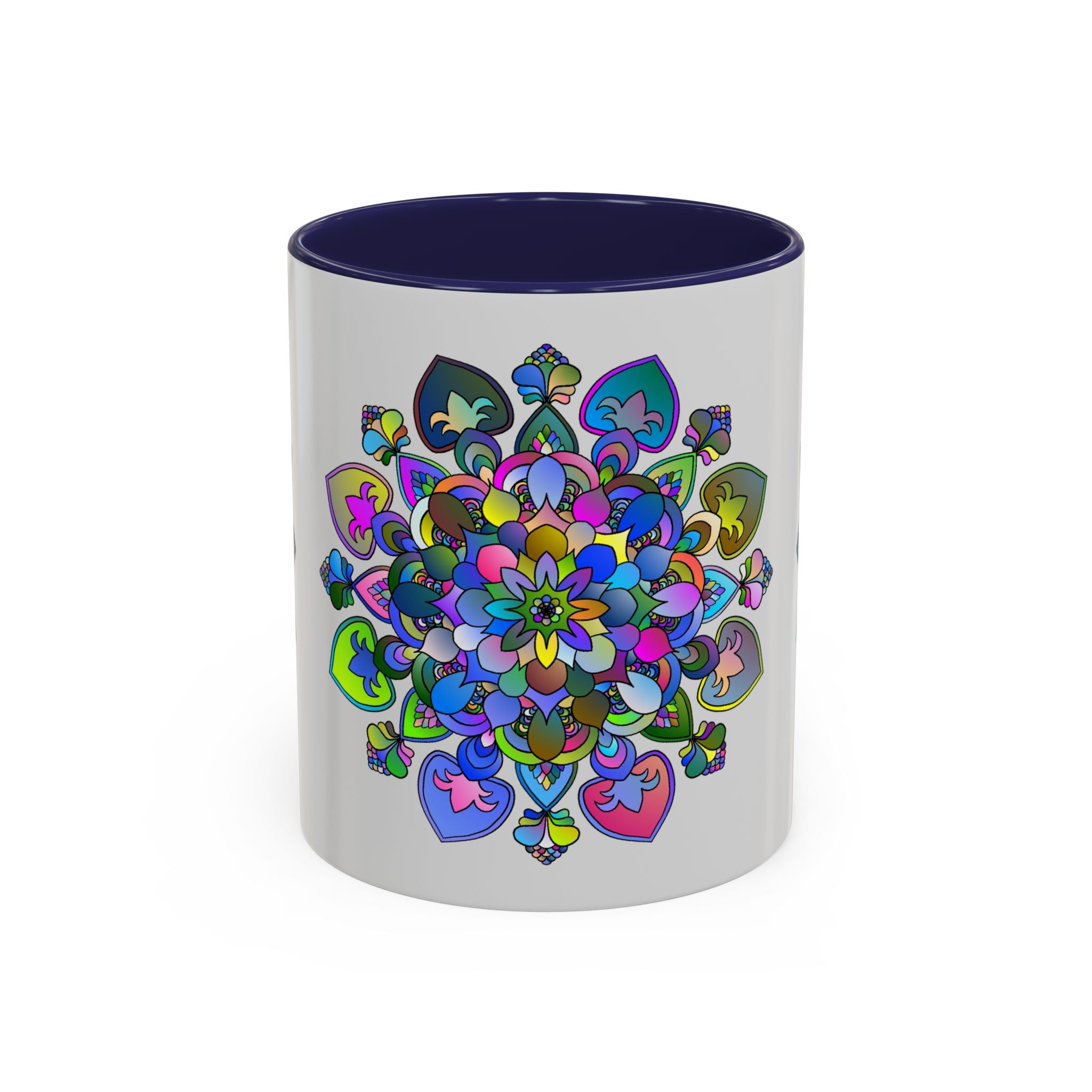 Colorful floral mandala art printed on a grey ceramic mug