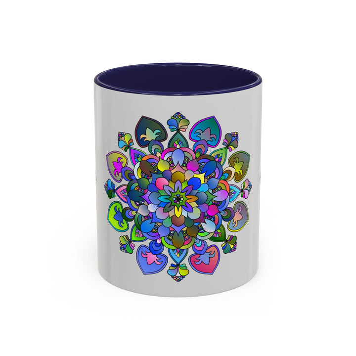 Colorful floral mandala art printed on a grey ceramic mug