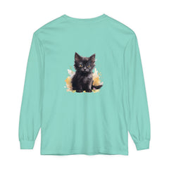 Black Kitten Watercolor Splash T-Shirt featuring a cute black kitten surrounded by colorful watercolor splashes on a black cotton t-shirt