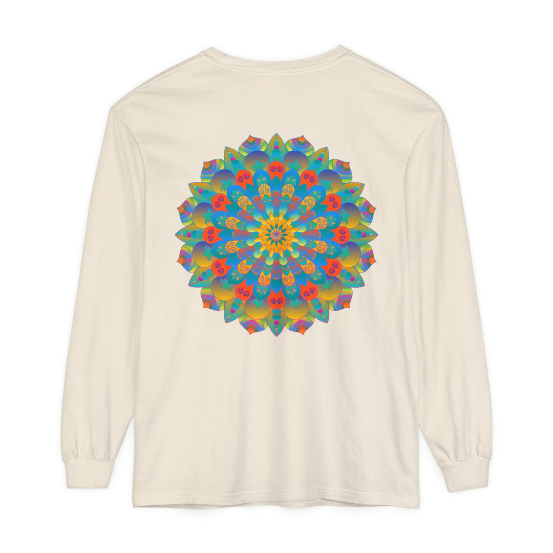 Unisex long sleeve t-shirt adorned with a colorful and intricate mandala