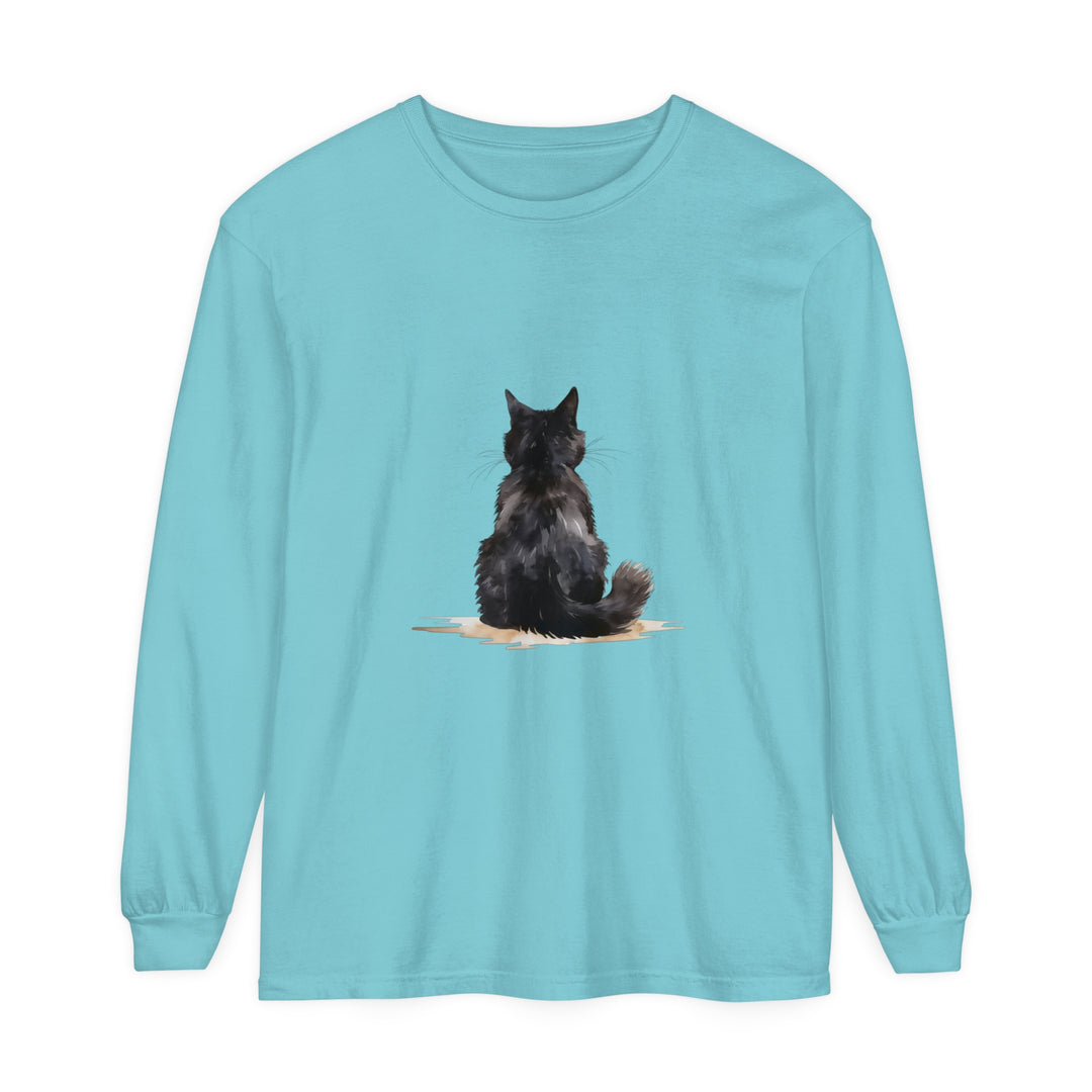 Black Cat Watercolor Unisex Long Sleeve T-Shirt featuring a striking watercolor design of a black cat on a comfortable, versatile long sleeve shirt