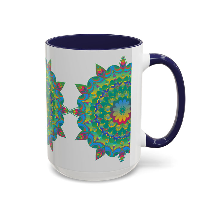 A beautiful handmade ceramic mug featuring a colorful floral mandala design