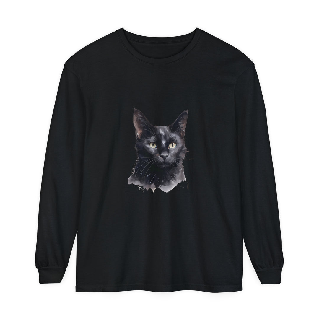 Black Cat Watercolor design on a comfortable and stylish unisex long sleeve t-shirt