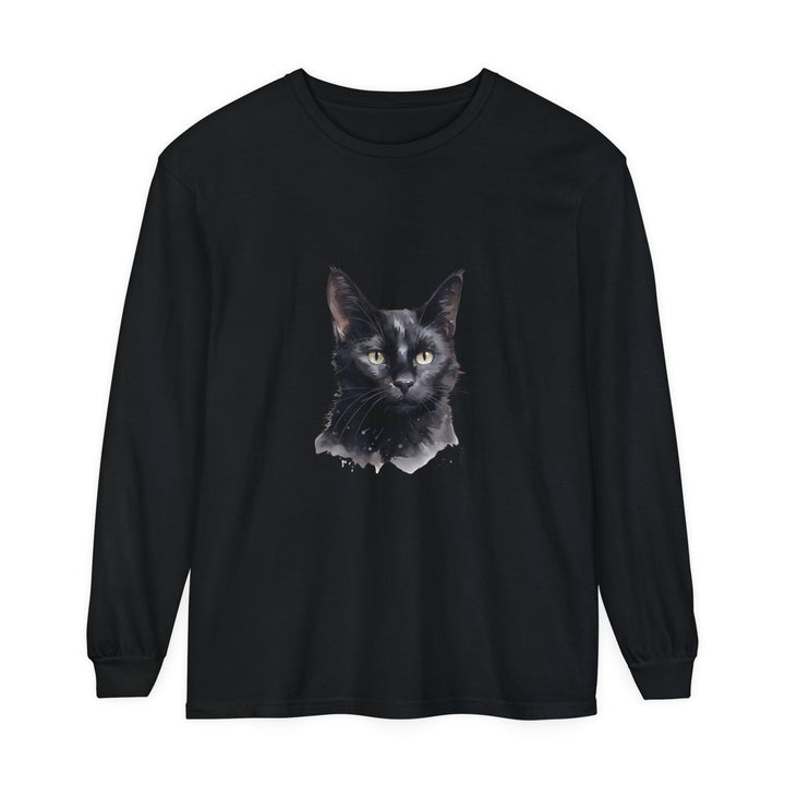 Black Cat Watercolor design on a comfortable and stylish unisex long sleeve t-shirt