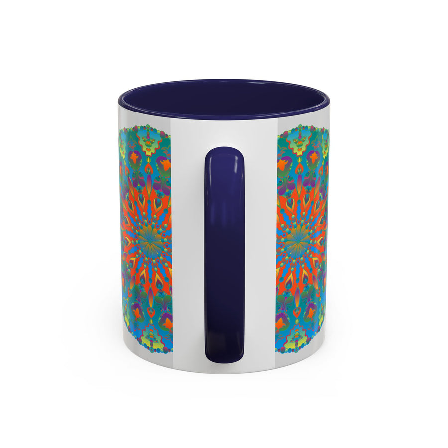 Beautiful Mandala Art Mug featuring an intricate blue and green design, perfect for enjoying your favorite beverage in style and elegance