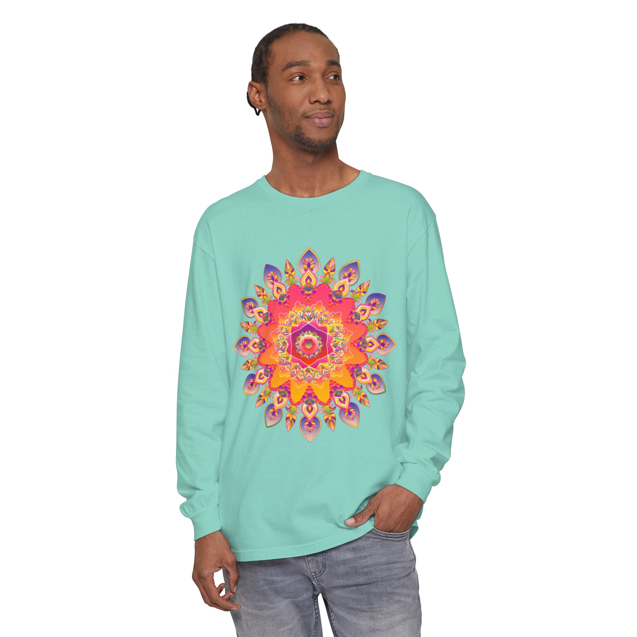 Colorful and detailed mandala design on a unisex long sleeve t-shirt