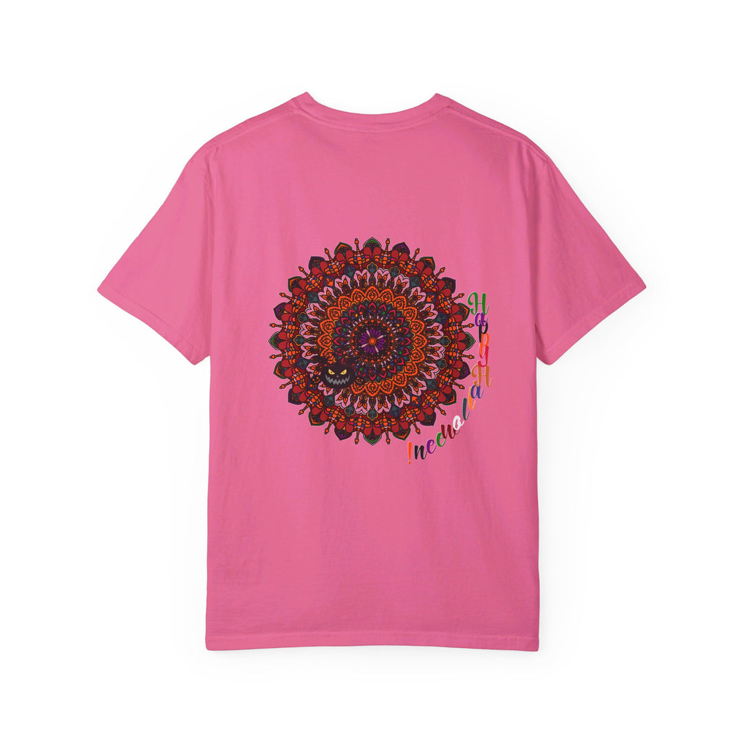 Unisex Halloween Mandala T-shirt featuring handcrafted pumpkin mandala art on garment-dyed tee