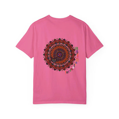 Unisex Halloween Mandala T-shirt featuring handcrafted pumpkin mandala art on garment-dyed tee