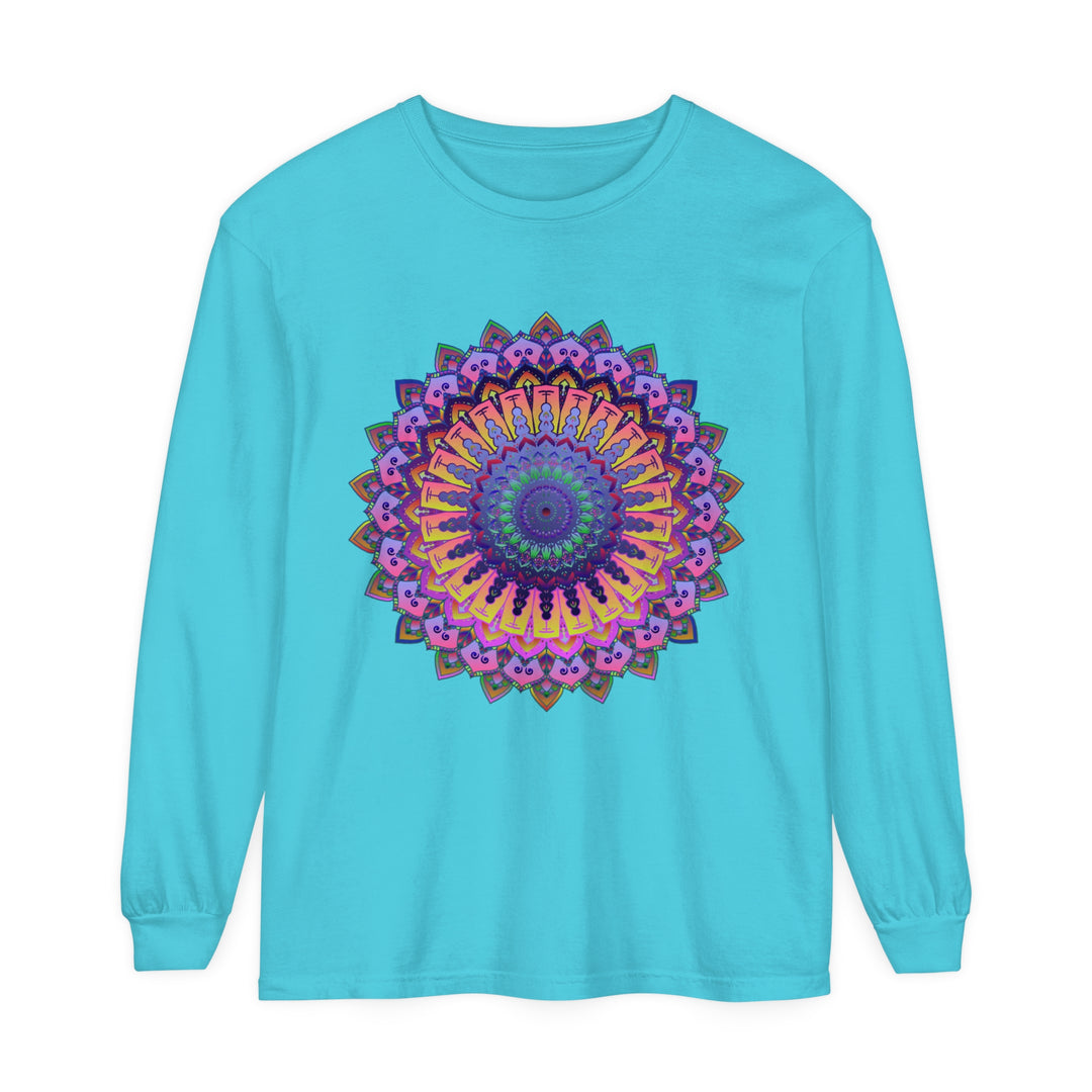 Black long sleeve unisex t-shirt featuring intricate mandala design on front