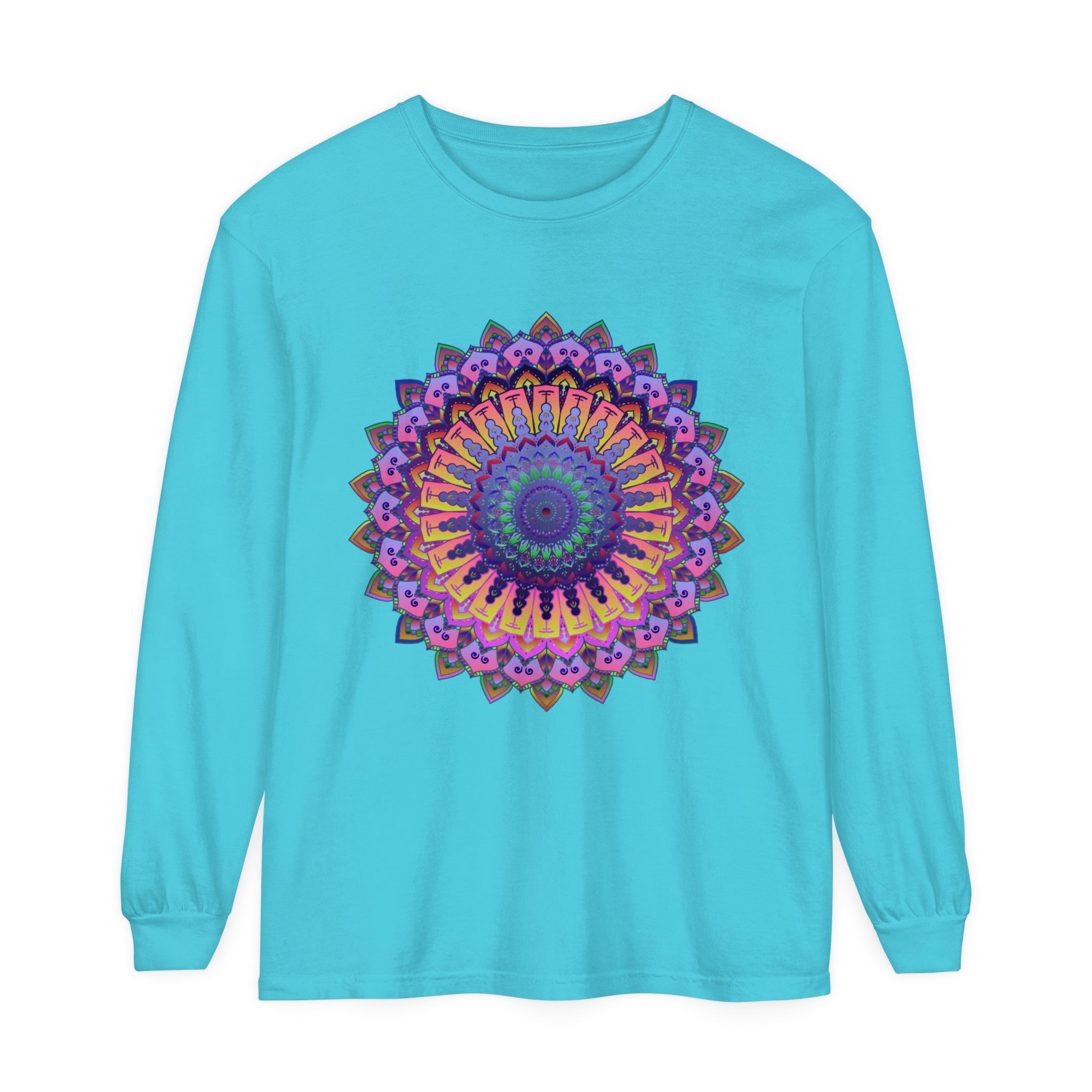 Black long sleeve unisex t-shirt featuring intricate mandala design on front