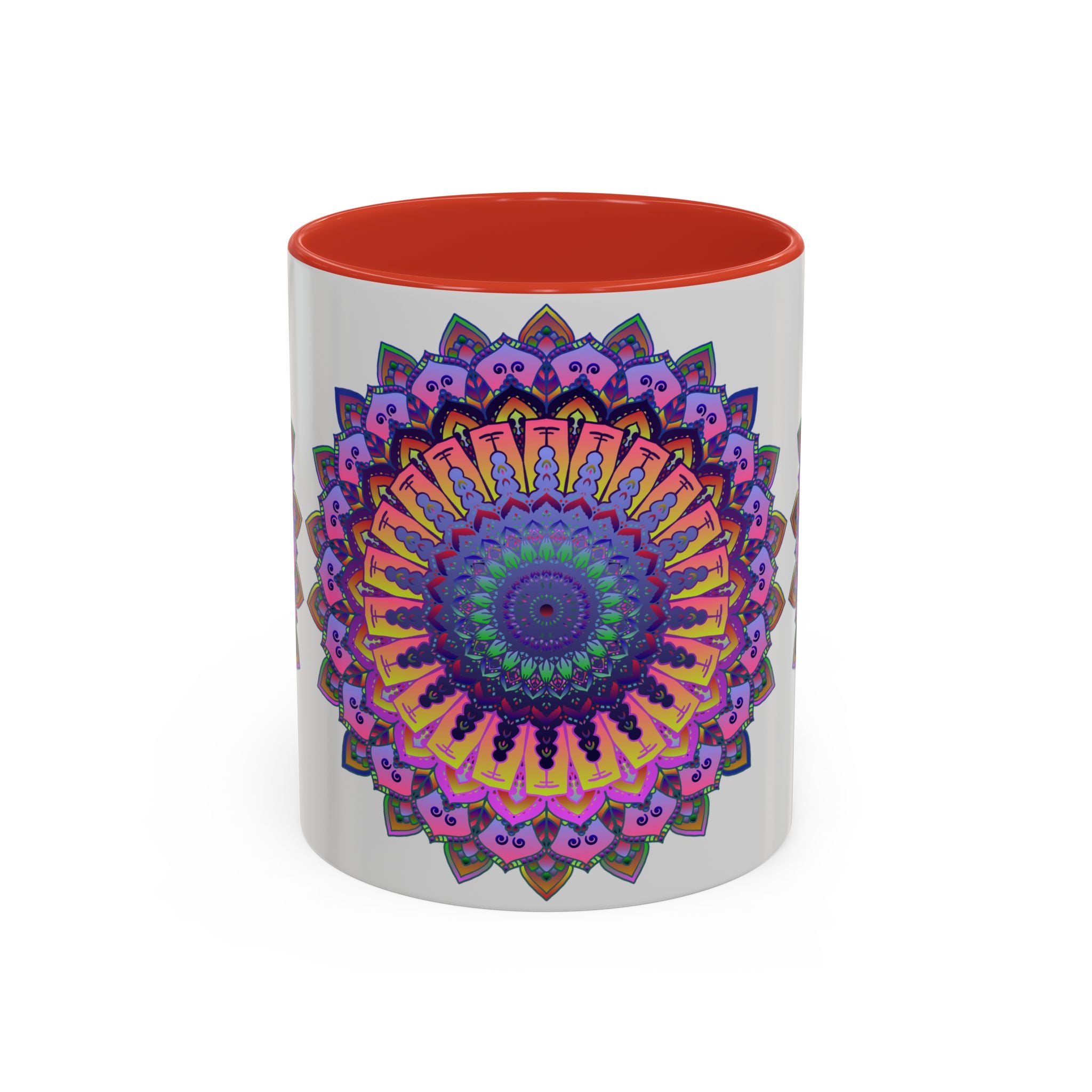 Beautiful mandala design in vibrant colors adorning a grey ceramic mug