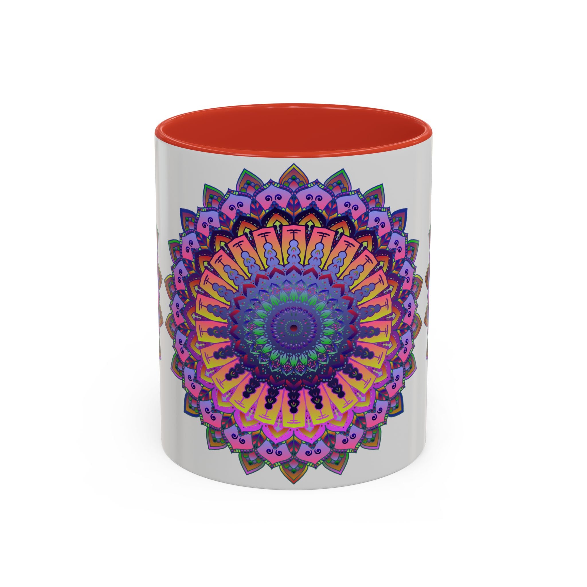 Beautiful mandala design in vibrant colors adorning a grey ceramic mug