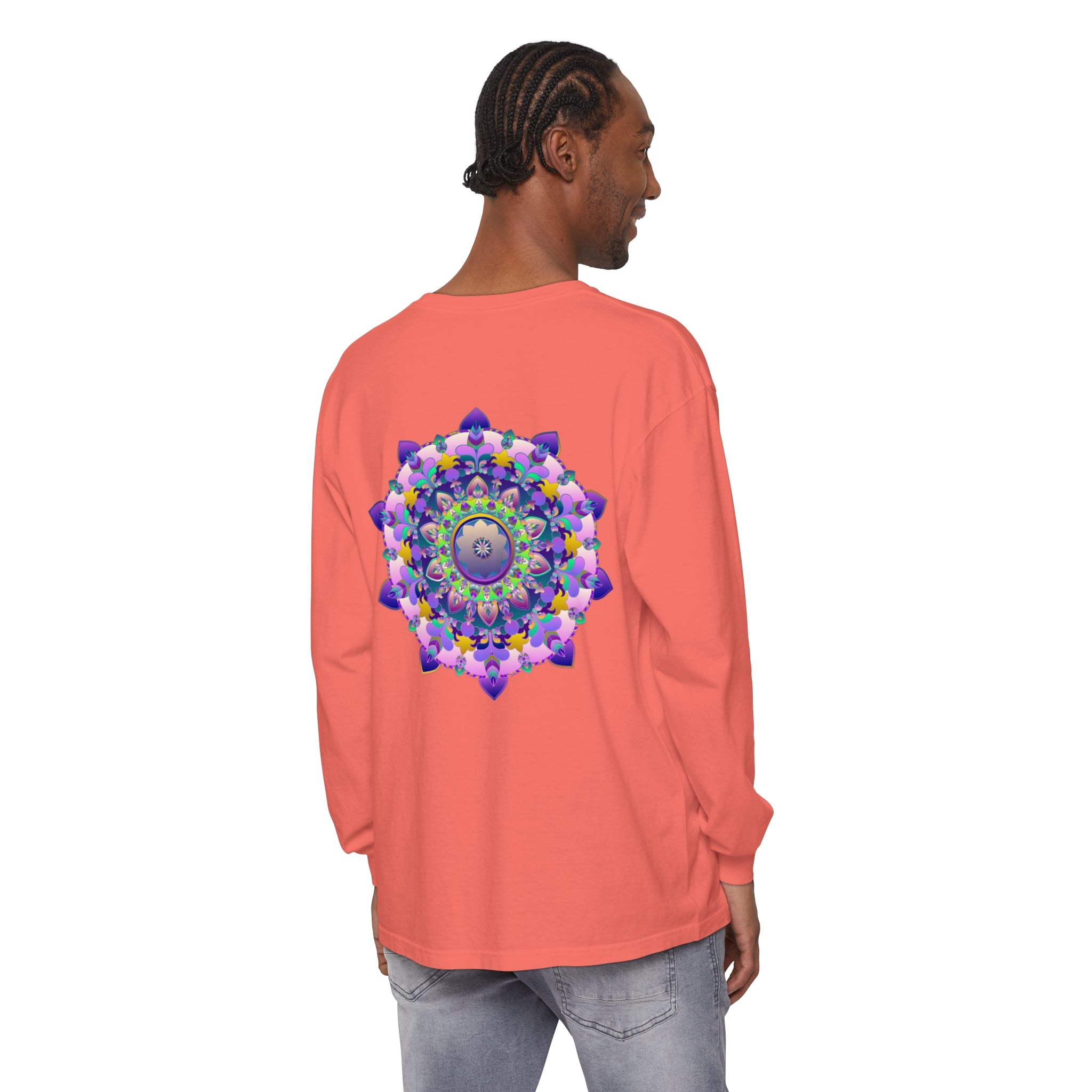 Colorful and intricate mandala design featured on a unisex long sleeve T-shirt