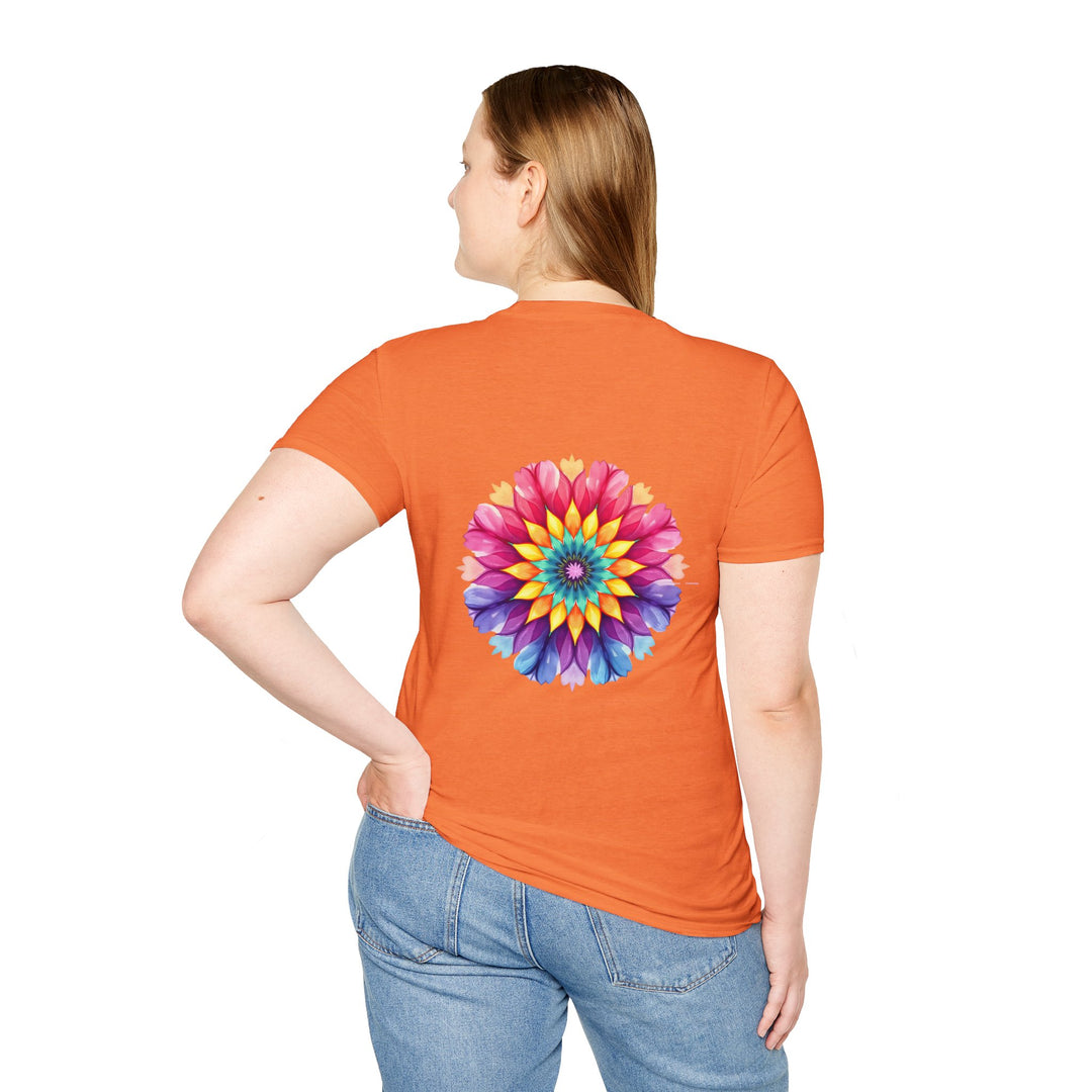 A stylish and comfortable t-shirt featuring a beautiful floral mandala design with an inspiring quote Perfect for adding a boho chic touch to any outfit