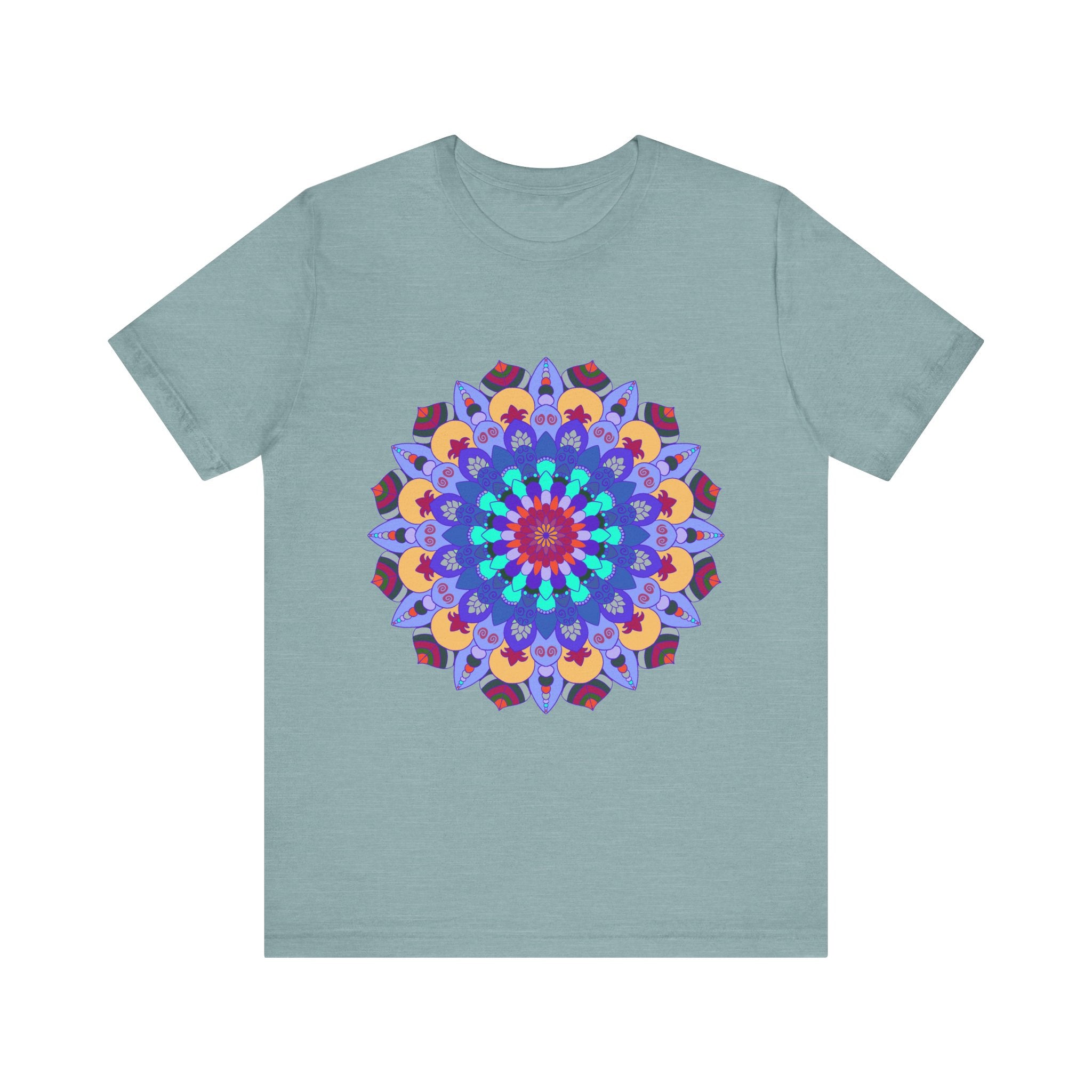 A vibrant and colorful mandala tee featuring intricate spiritual art designs